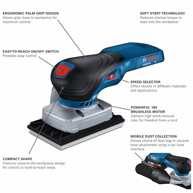 Bosch GSS18V-40N 18 Volts Brushless Variable Orbital Cordless Sander with Dust Management (Battery Not Included)1_11zon