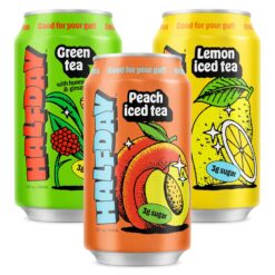 HALFDAY Prebiotic Iced Tea Cans, Variety 12 Pack, Supports Digestive Health & Gut Health, 8g Plant Fiber & Prebiotics, Gluten Free, Paleo, Low Calorie, Low Sugar, Organic Lemon, Peach & Green Tea