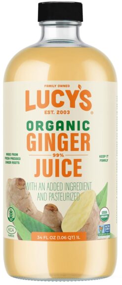 Lucy’s Family Owned - PERUVIAN Organic 99% Pure Ginger Juice, 34 oz. Glass Bottle (Made From Fresh Pressed)