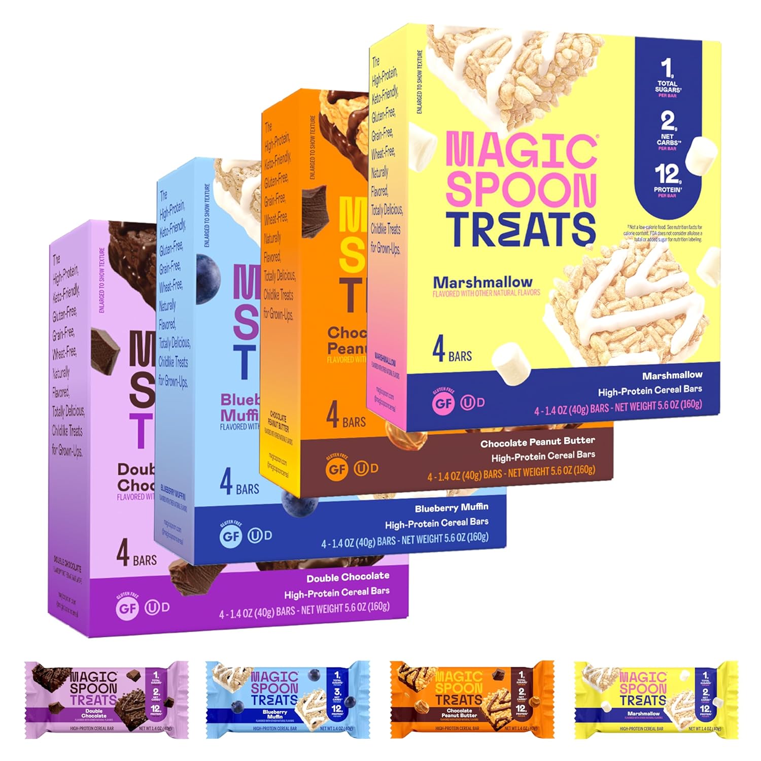 MAGIC SPOON Treats - High Protein Bars, Low Carb, Keto Friendly, 1g of Sugar, Gluten Free, Crispy Treat Cereal Bar, On-The-Go Healthy Snack (4 each of Marshmallow, Chocolate PB, Blueberry Muffin, Double Chocolate) MAGIC SPOON Treats - High Protein Bars, Low Carb, Keto Friendly, 1g of Sugar, Gluten Free, Crispy Treat Cereal Bar, On-The-Go Healthy Snack (4 each of Marshmallow, Chocolate PB, Blueberry Muffin, Double Chocolate)