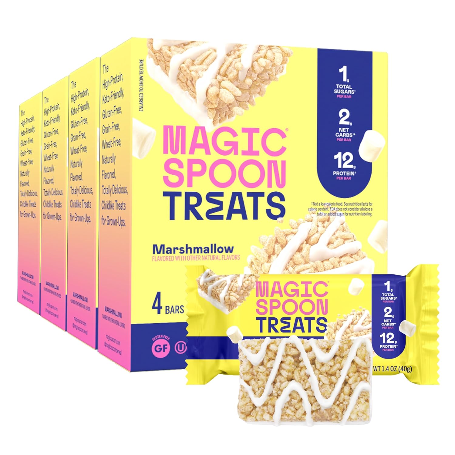 MAGIC SPOON Treats - High Protein, Low Carb, Keto Friendly, 1g of Sugar, Gluten Free, Crispy Treat Protein Bar Cereal Bar, On-The-Go Healthy Snack (Marshmallow, 16 Bars) MAGIC SPOON Treats - High Protein, Low Carb, Keto Friendly, 1g of Sugar, Gluten Free, Crispy Treat Protein Bar Cereal Bar, On-The-Go Healthy Snack (Marshmallow, 16 Bars)