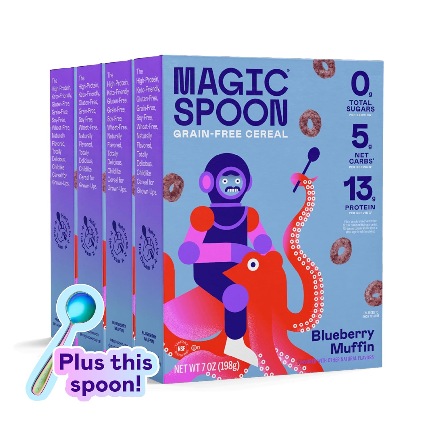 Magic Spoon Cereal - Blueberry Muffin 4-Pack of Cereal and Spoon - Keto & Low Carb Lifestyles, Gluten & Grain Free, High Protein, 0g Sugar Magic Spoon Cereal - Blueberry Muffin 4-Pack of Cereal and Spoon - Keto & Low Carb Lifestyles, Gluten & Grain Free, High Protein, 0g Sugar