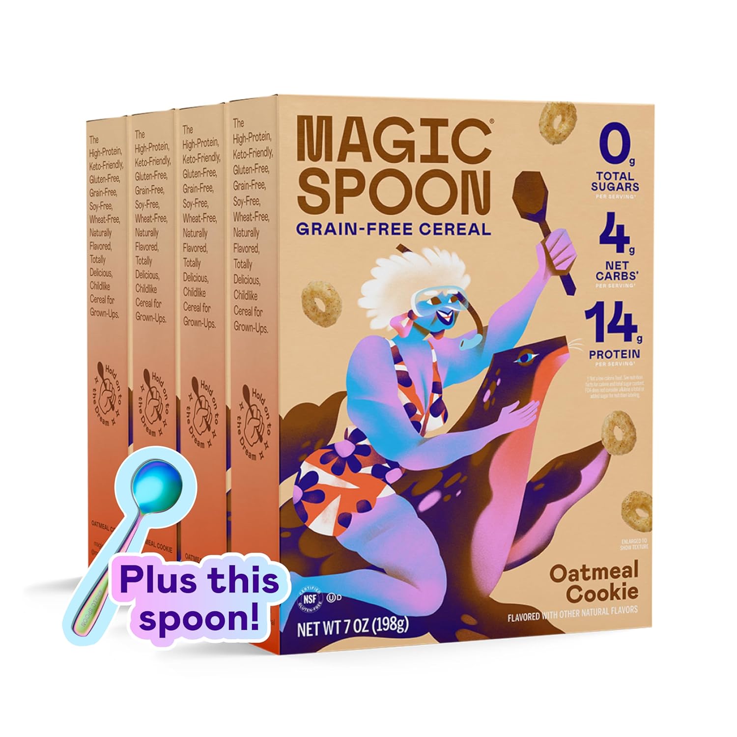 Magic Spoon Cereal - Oatmeal Cookie 4-Pack of Cereal and Spoon - Keto & Low Carb Lifestyles, Gluten & Grain Free, High Protein, 0g Sugar Magic Spoon Cereal - Oatmeal Cookie 4-Pack of Cereal and Spoon - Keto & Low Carb Lifestyles, Gluten & Grain Free, High Protein, 0g Sugar