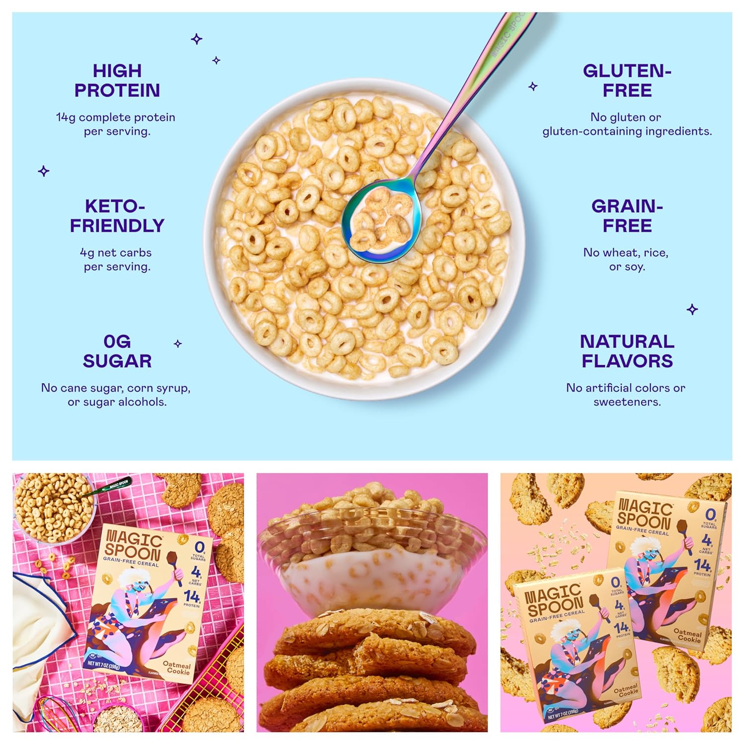 Magic Spoon Cereal - Oatmeal Cookie 4-Pack of Cereal and Spoon - Keto & Low Carb Lifestyles, Gluten & Grain Free, High Protein, 0g Sugar2