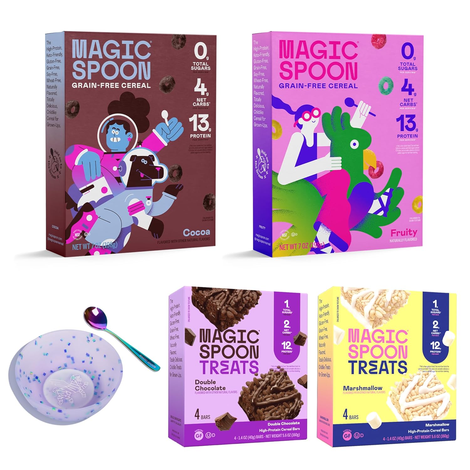 Magic Spoon Ultimate Starter Pack - 1 Box Fruity, 1 Box of Cocoa, 4 Marshmallow Bars, 4 Double Chocolate Bars, Bowl and Spoon Set - Keto & Low Carb Lifestyles, Gluten Free, High Protein, Low Sugar Magic Spoon Ultimate Starter Pack - 1 Box Fruity, 1 Box of Cocoa, 4 Marshmallow Bars, 4 Double Chocolate Bars, Bowl and Spoon Set - Keto & Low Carb Lifestyles, Gluten Free, High Protein, Low Sugar
