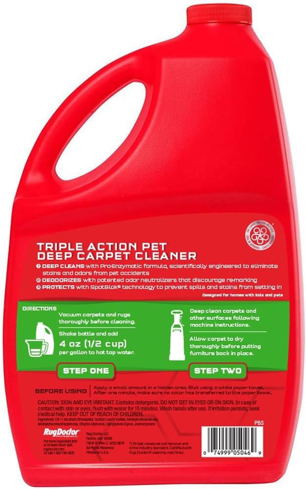 Rug Doctor Pet Carpet Cleaner, 96 oz., Pro-Enzymatic Formula with 3X Action - Cleans, Deodorizes, & Deters Remarking, Concentrated Solution, Professional Grade for Pet Stains & Odors1