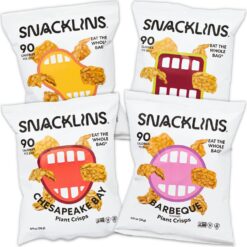 SNACKLINS Plant Based Crisps 4 Flavor Variety - Nacho, BBQ, Teriyaki, Chesapeake Bay - Gluten Free, Grain Free, 100% Kosher, Vegan Healthy Snacks, No Added Sugar Crunchy Puffed Snack Only 90 Calories Per Bag - .9oz Bag (Case of 12)