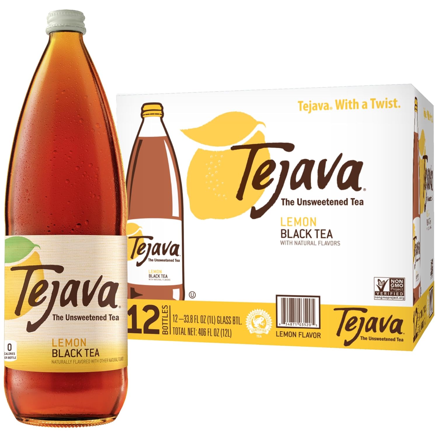 Tejava Lemon Flavored Unsweetened Black Tea, Non-GMO Verified, Rainforest Alliance Certified, Glass Bottles, 1 Liter, 12 Pack Tejava Lemon Flavored Unsweetened Black Tea, Non-GMO Verified, Rainforest Alliance Certified, Glass Bottles, 1 Liter, 12 Pack