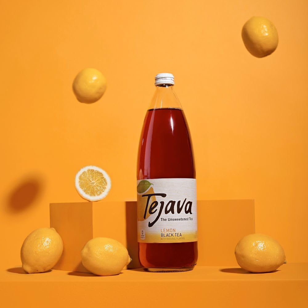 Tejava Lemon Flavored Unsweetened Black Tea, Non-GMO Verified, Rainforest Alliance Certified, Glass Bottles, 1 Liter, 12 Pack5