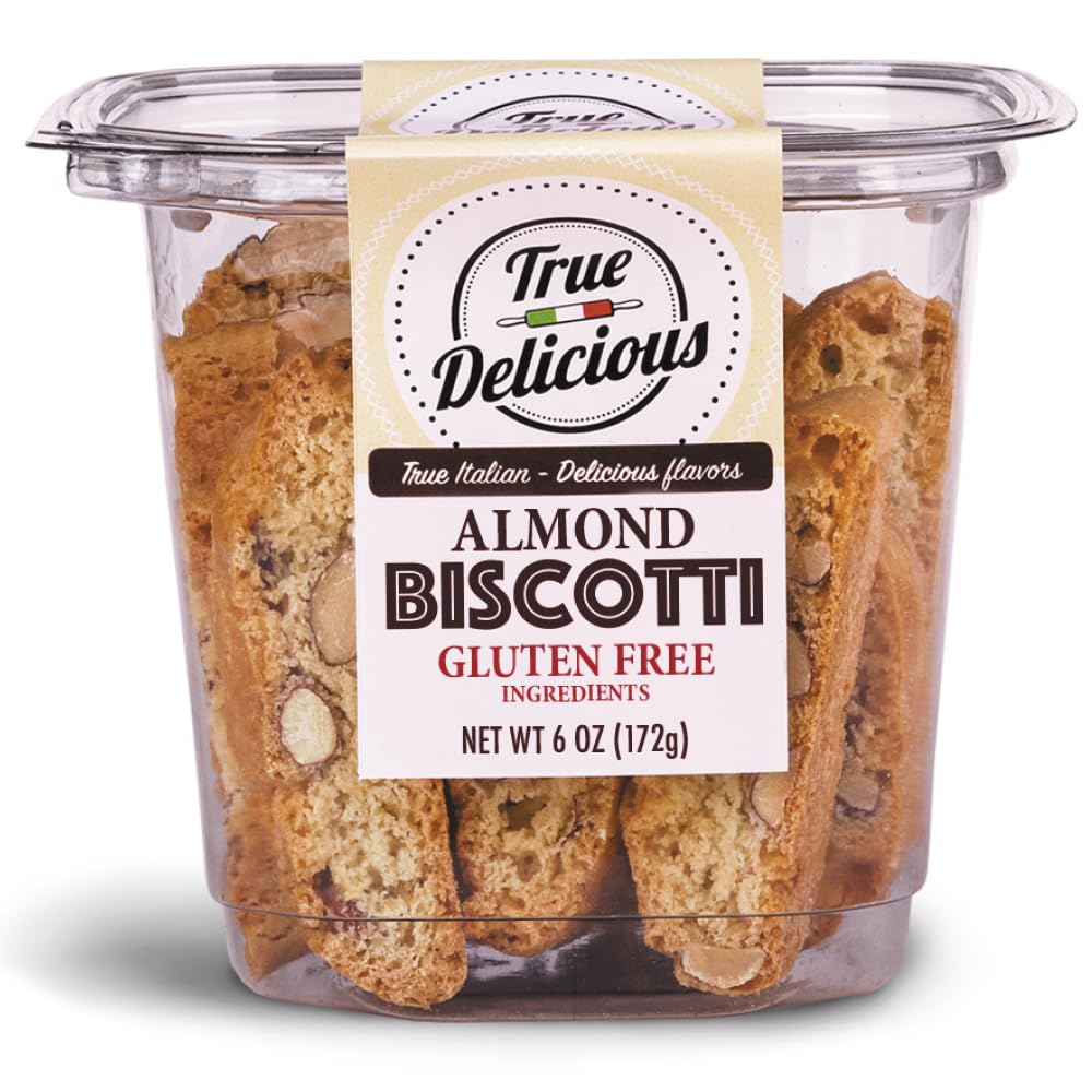 True Delicious GLUTEN FREE INGREDIENTS ALMOND BISCOTTI, buttery, fine Italian cookies, baked twice (4 boxes of 6oz each) True Delicious GLUTEN FREE INGREDIENTS ALMOND BISCOTTI, buttery, fine Italian cookies, baked twice (4 boxes of 6oz each)