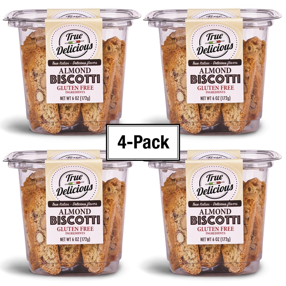 True Delicious GLUTEN FREE INGREDIENTS ALMOND BISCOTTI, buttery, fine Italian cookies, baked twice (4 boxes of 6oz each)0