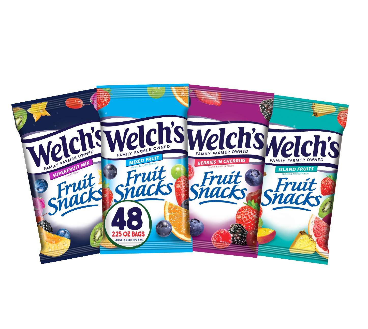 Welch's Fruit Snacks, Bulk Variety Pack with Mixed Fruit, Superfruit Mix, Island Fruits & Berries 'n Cherries, Gluten Free, Bulk Pack, 2.25 oz (Pack of 48) Welch's Fruit Snacks, Bulk Variety Pack with Mixed Fruit, Superfruit Mix, Island Fruits & Berries 'n Cherries, Gluten Free, Bulk Pack, 2.25 oz (Pack of 48)