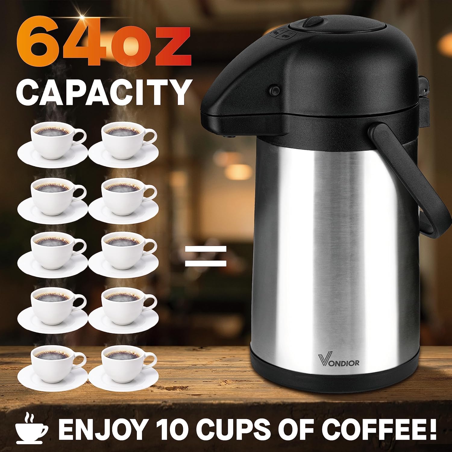 64 Oz Airpot Coffee Dispenser with Pump, Insulated Thermal Coffee Carafe - Stainless Steel Hot Beverage Dispenser - Thermos Urn for Hot Cold Water, Drink Dispenser for Parties5