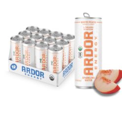 ARDOR ENERGY Sparkling Water White Peach 12 pack with 100mg Organic Caffeine from Green Tea & 200mg Organic L-Theanine (Focus & Calm). No Sugar. No Calories. Vegan. Gluten Free.