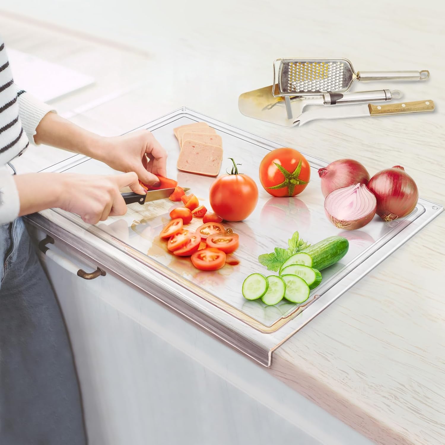 Acrylic Large Cutting Board with Juice Groove, 24x18 Inch Clear Cutting Board with Counter Lip, Non Slip Cutting Mat for Kitchen, Table Protector, Mothers Day Gifts for Mom Acrylic Large Cutting Board with Juice Groove, 24x18 Inch Clear Cutting Board with Counter Lip, Non Slip Cutting Mat for Kitchen, Table Protector, Mothers Day Gifts for Mom