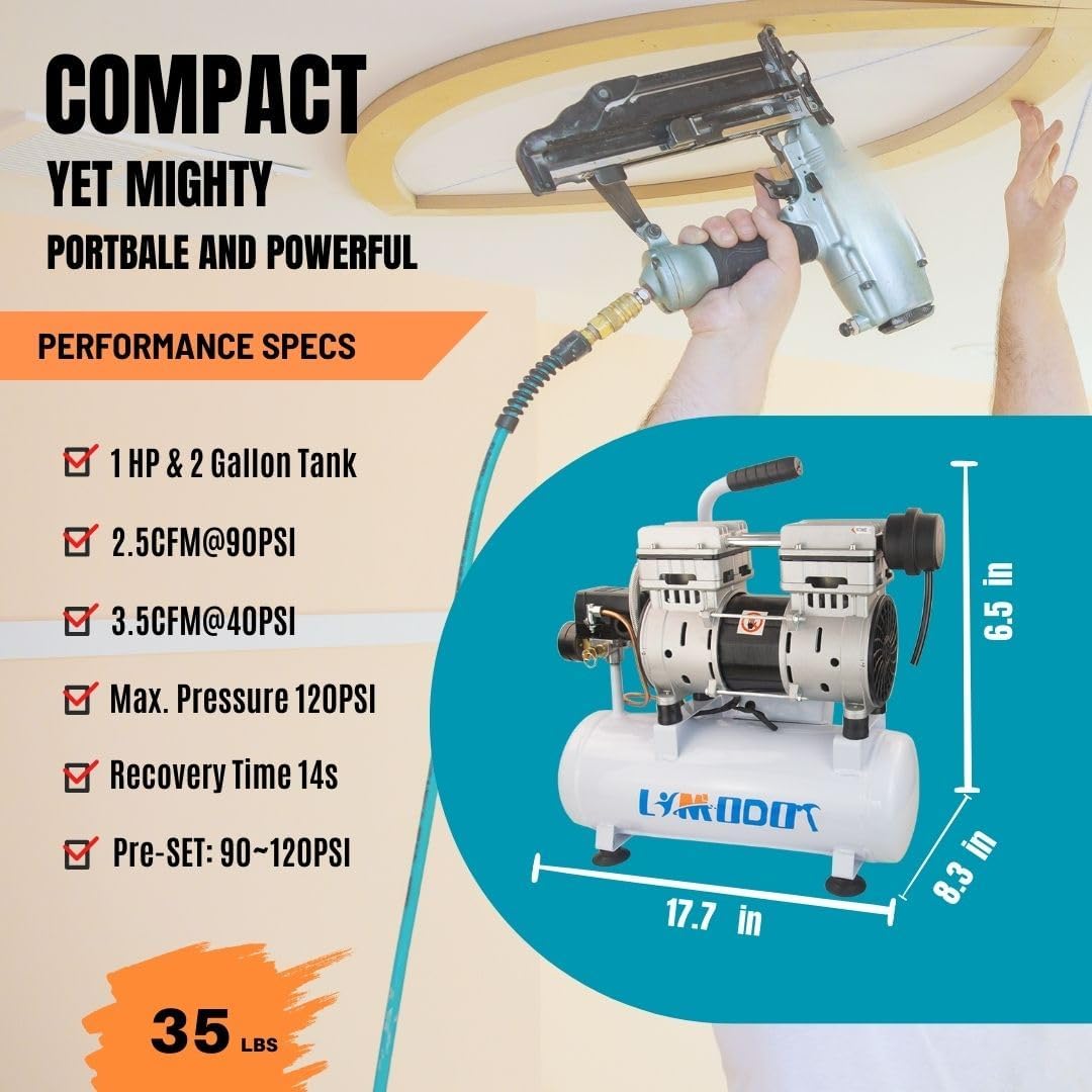 Air Compressor, Ultra Quiet, Only 60dB, 2 Gallon Steel Air Tank, Oil Free, 2.5 CFM at 90 PSI, Fast 14s Recovery Time, Ideal For Shop, Garage, Nail Gun, Pneumatic Tools, 1HP4