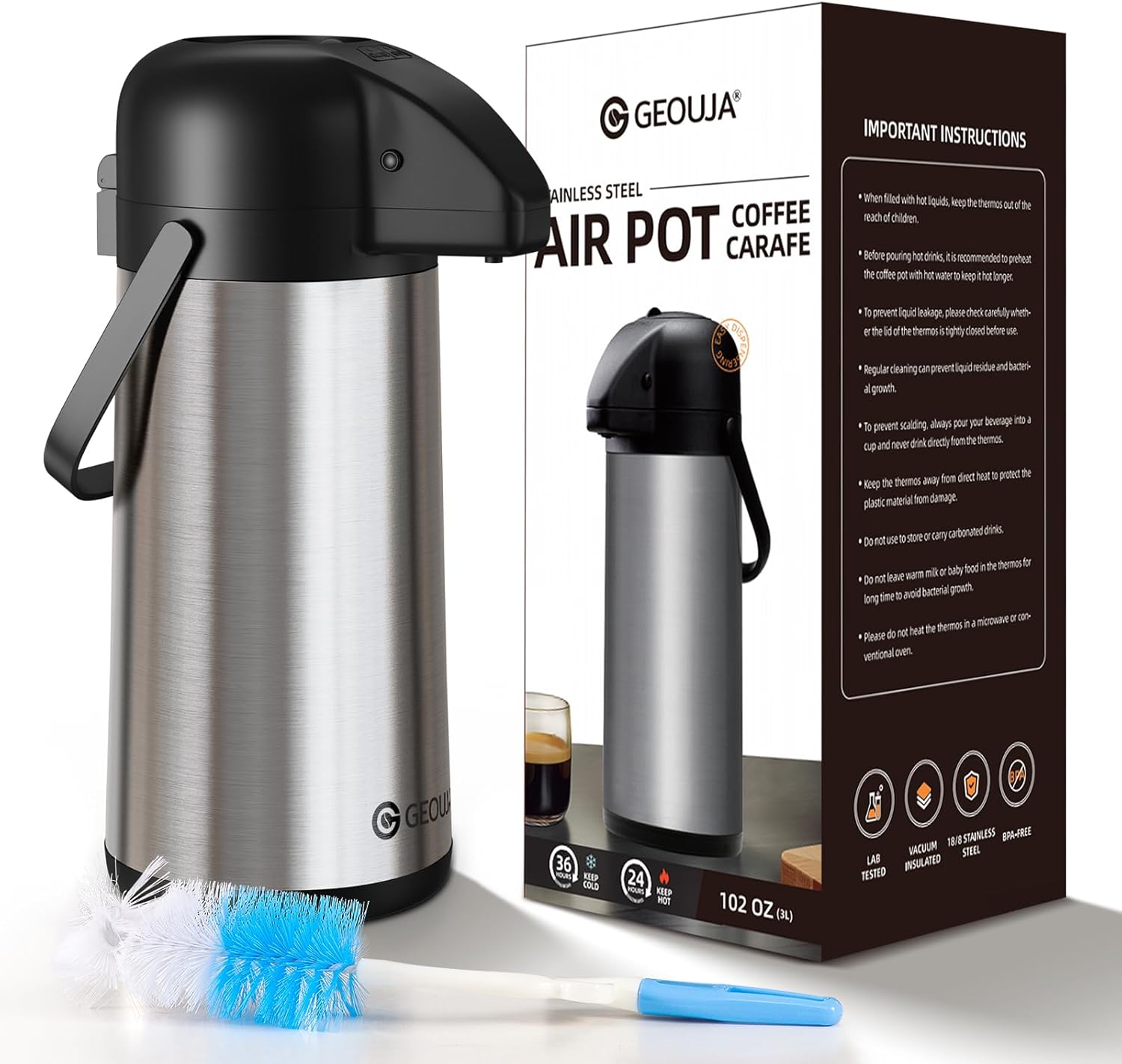 Airpot Coffee Carafe for Keeping Hot - 102 OZ 3L Large Coffee Dispenser with Pump - Insulated Stainless Steel Thermos Urn for Hot Drinks Water Tea Chocolate - Thermal Beverage Dispenser for Parties0