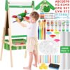 All-in-One Art Easel for Kids with 2 Paper Rolls & Deluxe Accessories, Adjustable Magnetic Double Sided Whiteboard & Chalkboard, Painting Kid Easel for Toddlers 2-8, Ideal Christmas Gift, Green