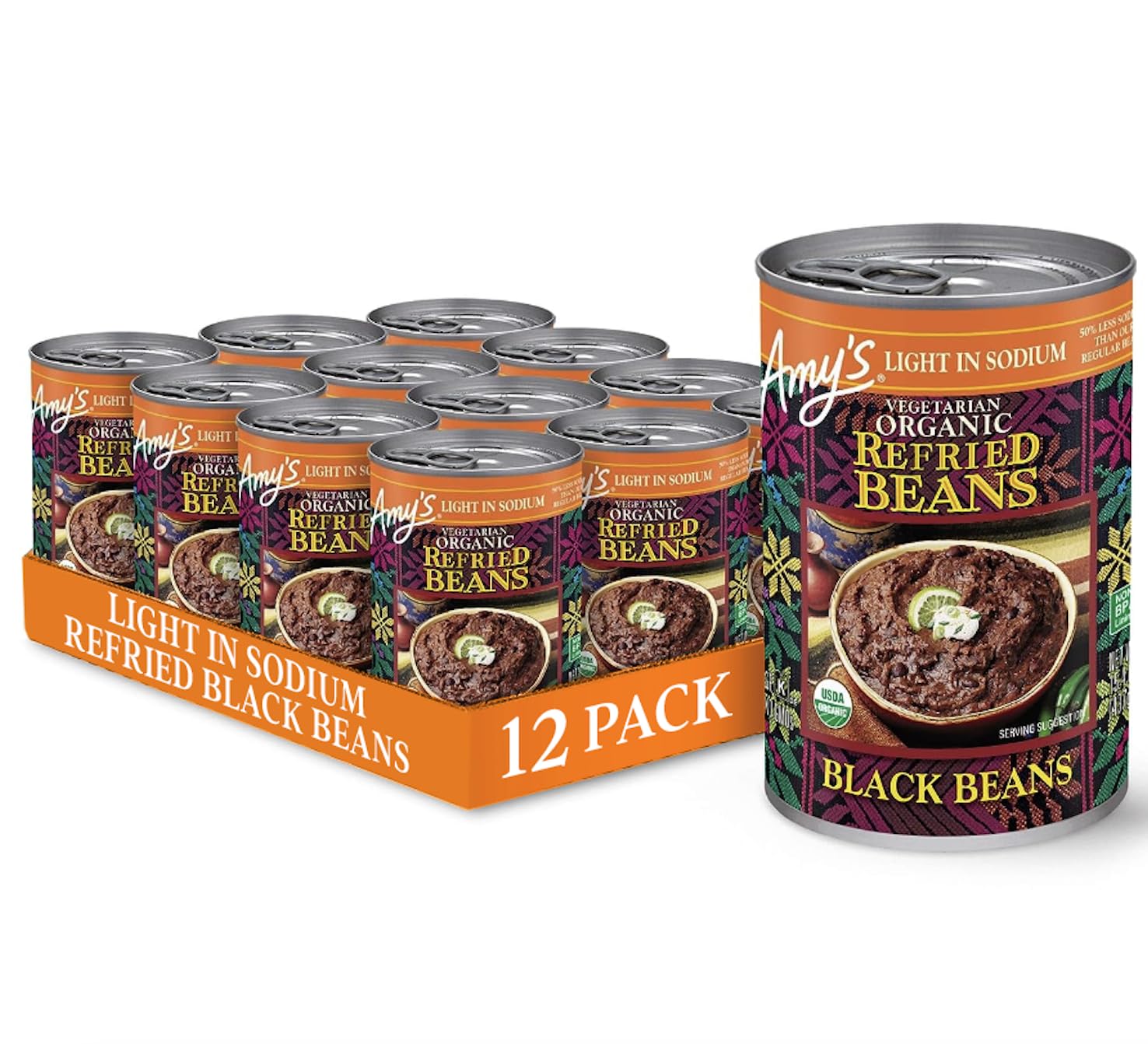 Amy's Organic Refried Beans Canned, Light in Sodium Refried Black Beans, Vegan Gluten Free and Vegetarian, 15.4 Oz (12 Pack) Amy's Organic Refried Beans Canned, Light in Sodium Refried Black Beans, Vegan Gluten Free and Vegetarian, 15.4 Oz (12 Pack)