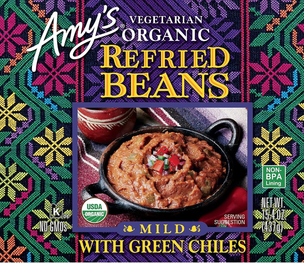 Amy's Organic Refried Beans Canned, Mild with Green Chiles, Vegan Gluten Free and Vegetarian, 15.4 Oz (12 Pack)1