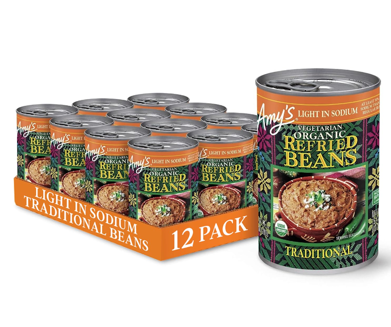 Amy's Organic Refried Beans Canned, Traditional Beans Light in Sodium, Vegan Gluten Free and Vegetarian, 15.4 Oz (12 Pack) Amy's Organic Refried Beans Canned, Traditional Beans Light in Sodium, Vegan Gluten Free and Vegetarian, 15.4 Oz (12 Pack)