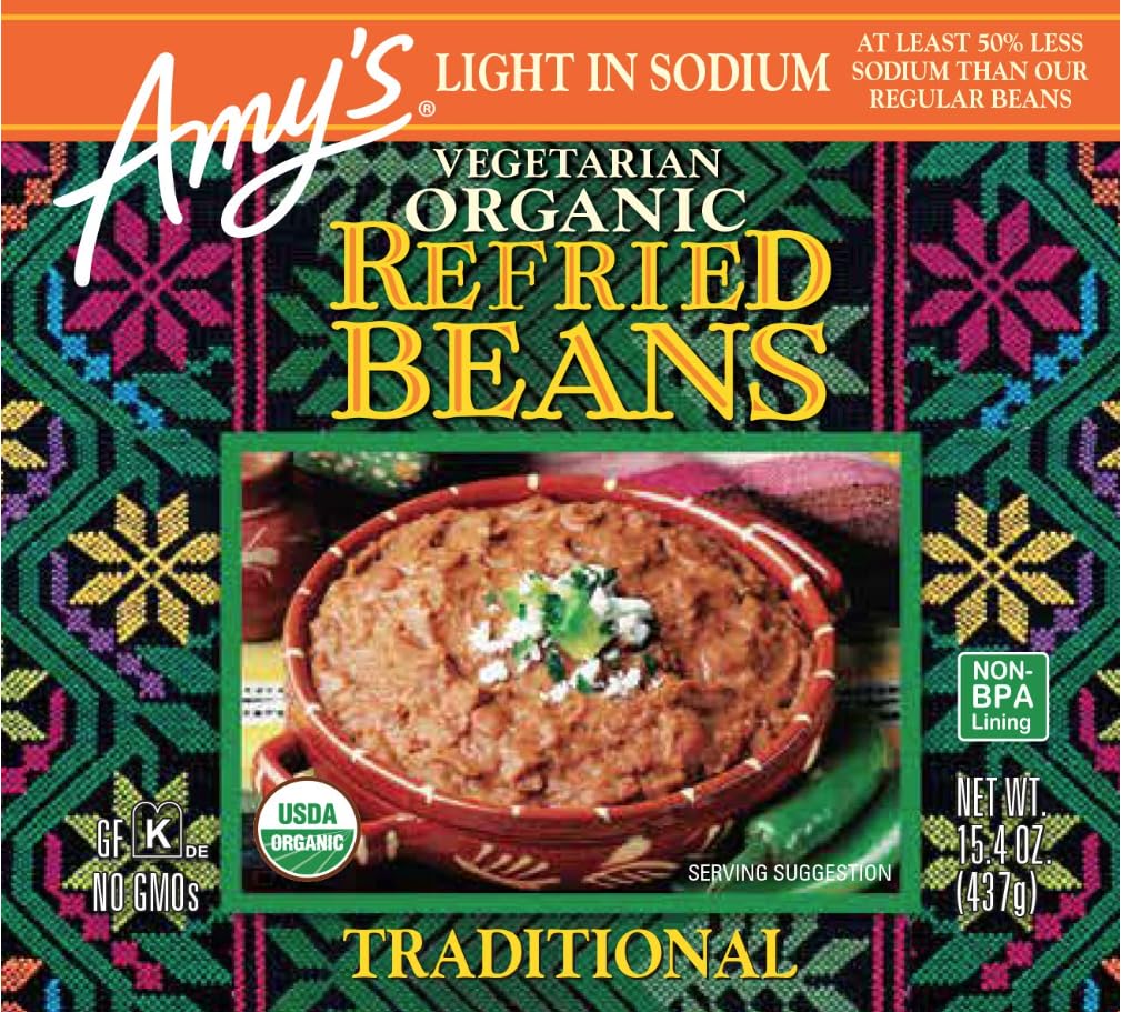 Amy's Organic Refried Beans Canned, Traditional Beans Light in Sodium, Vegan Gluten Free and Vegetarian, 15.4 Oz (12 Pack)1