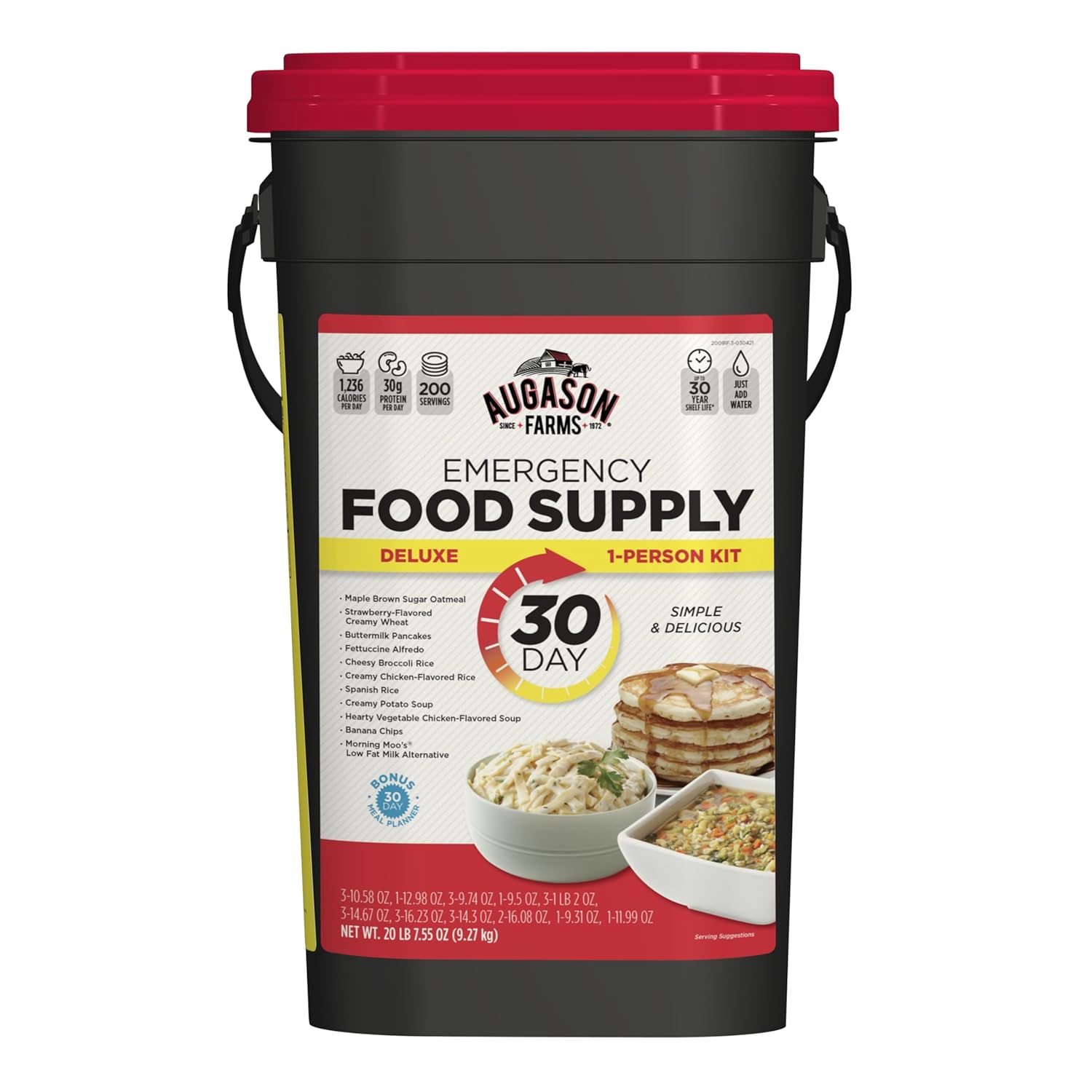 Augason Farms 30-Day 1-Person Standard Emergency Food Supply Kit, Survival Food, Just Add Water, 200 Servings Augason Farms 30-Day 1-Person Standard Emergency Food Supply Kit, Survival Food, Just Add Water, 200 Servings