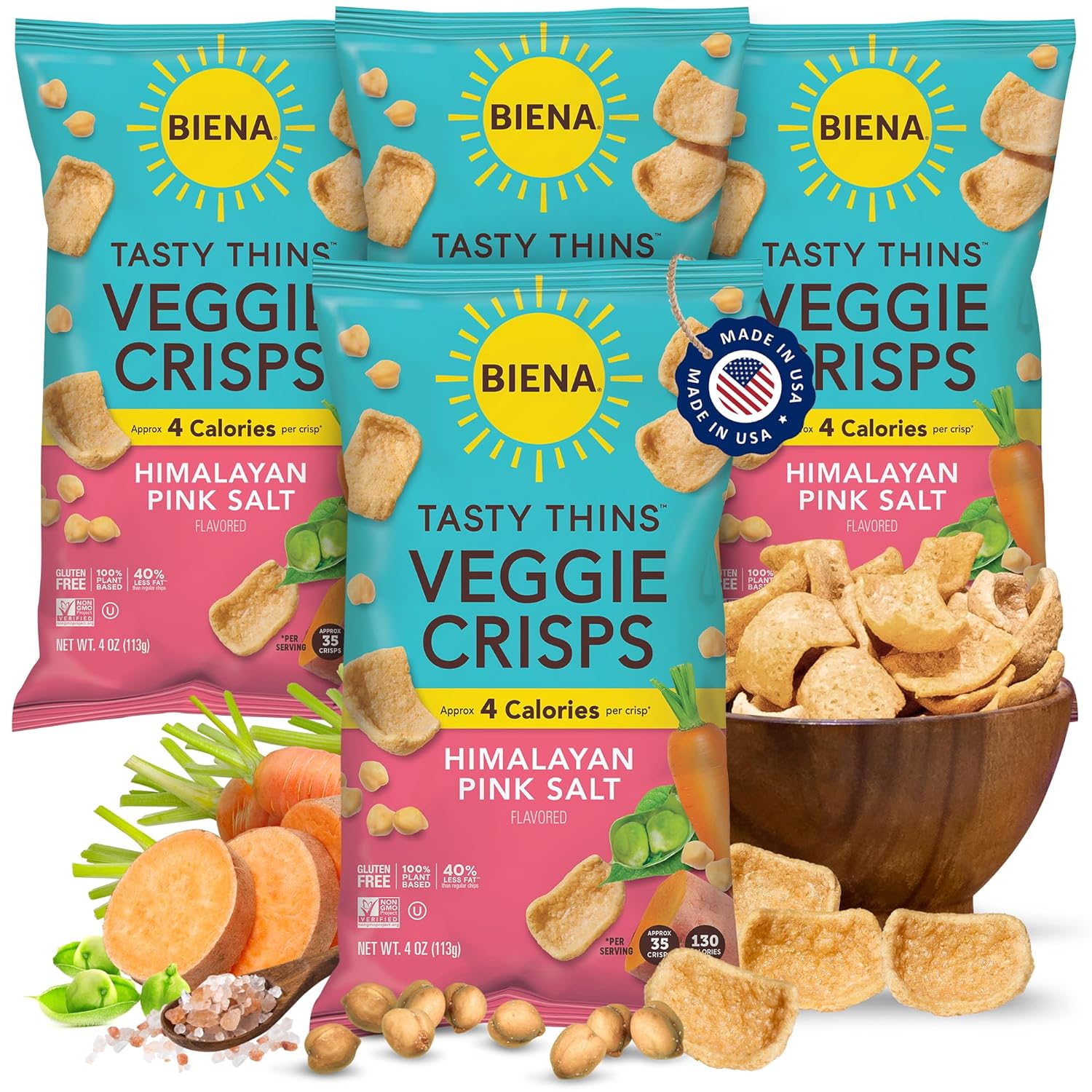 BIENA Tasty Thins Veggie Crisps - Low Calorie Veggie Chips for Adults and Kids - 4-Pack, 4 Ounce Bags - Himalayan Pink Salt BIENA Tasty Thins Veggie Crisps - Low Calorie Veggie Chips for Adults and Kids - 4-Pack, 4 Ounce Bags - Himalayan Pink Salt