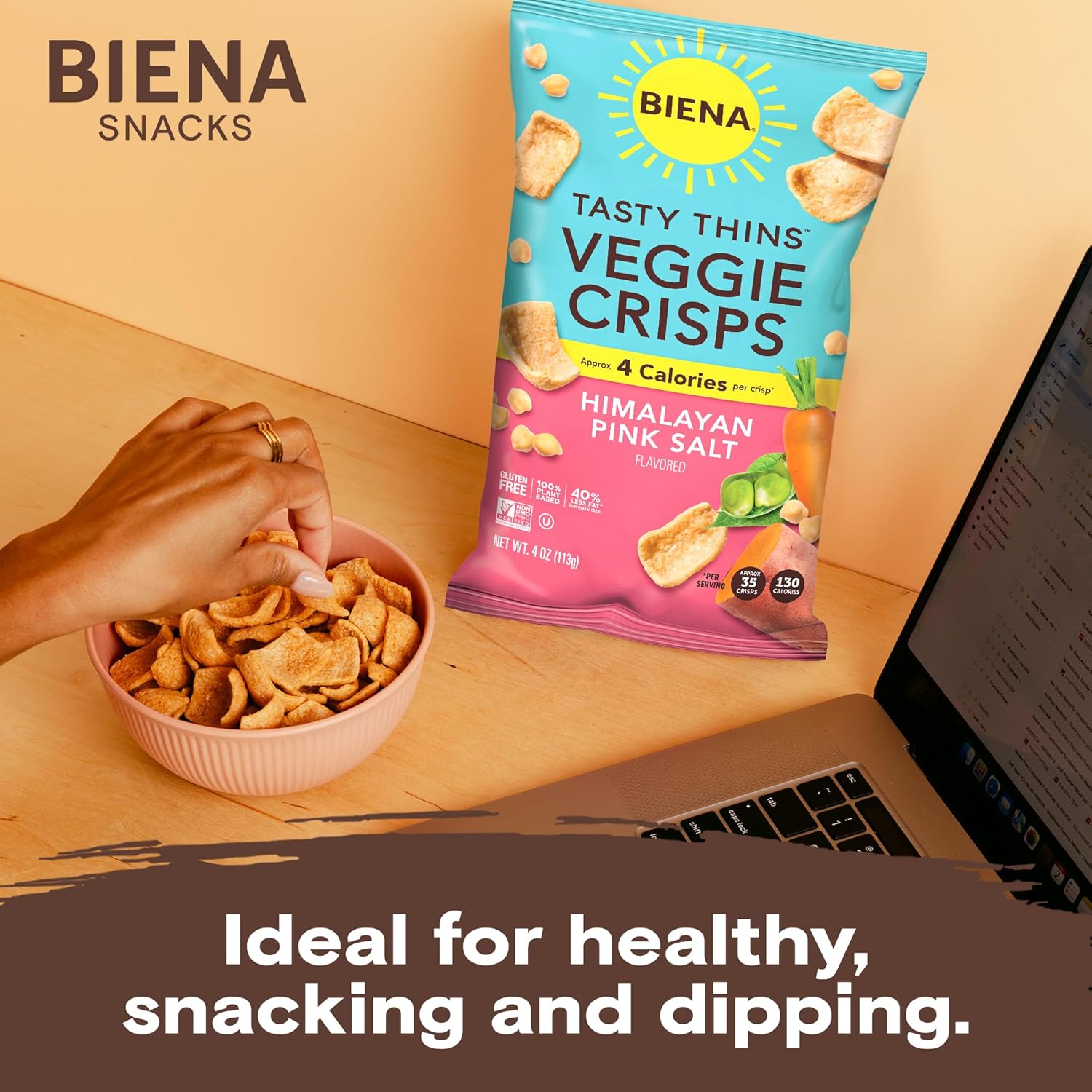 BIENA Tasty Thins Veggie Crisps - Low Calorie Veggie Chips for Adults and Kids - 4-Pack, 4 Ounce Bags - Himalayan Pink Salt0