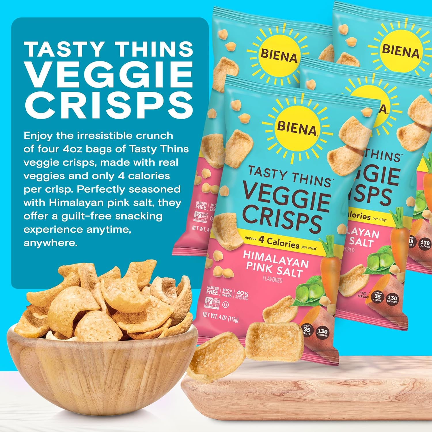 BIENA Tasty Thins Veggie Crisps - Low Calorie Veggie Chips for Adults and Kids - 4-Pack, 4 Ounce Bags - Himalayan Pink Salt1
