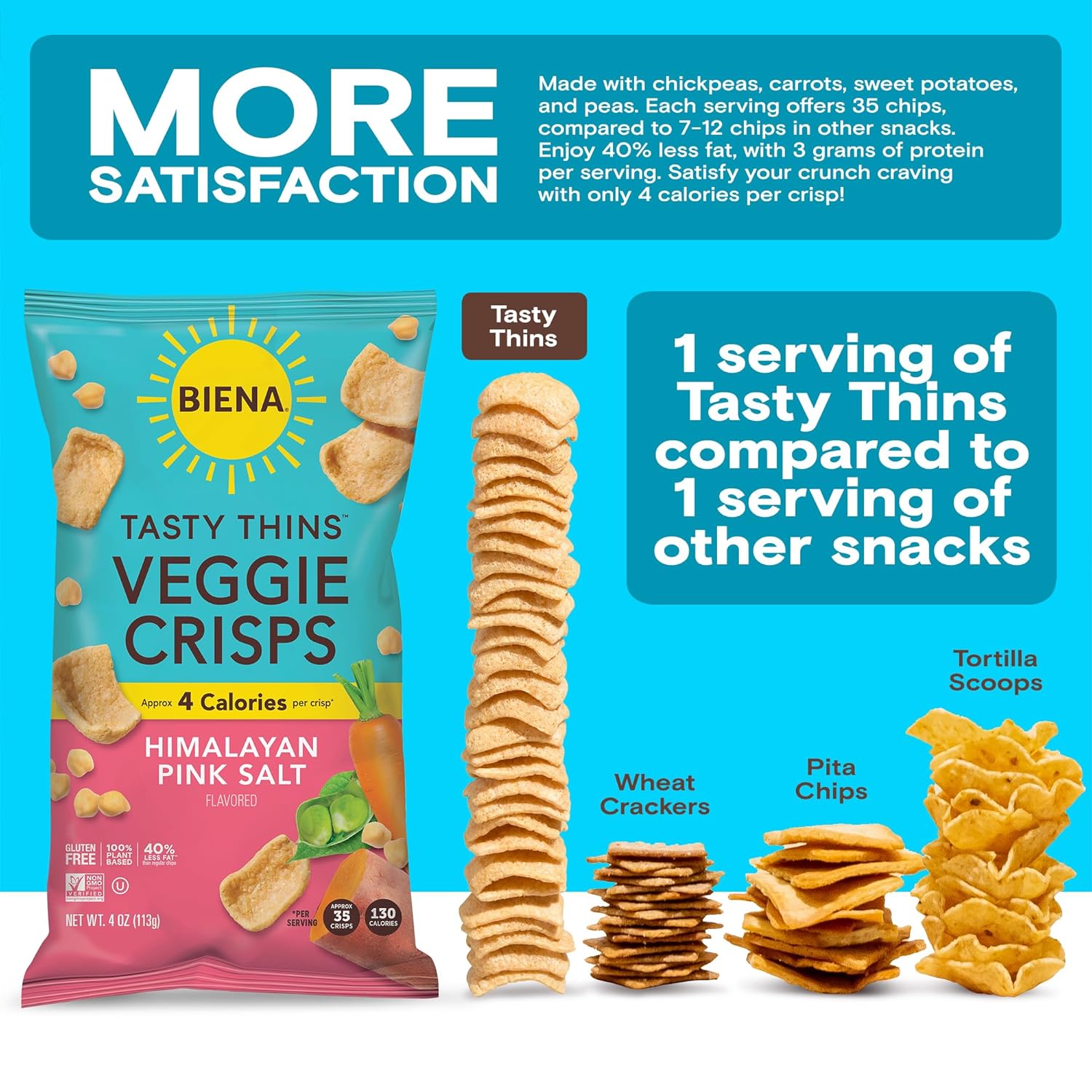 BIENA Tasty Thins Veggie Crisps - Low Calorie Veggie Chips for Adults and Kids - 4-Pack, 4 Ounce Bags - Himalayan Pink Salt3