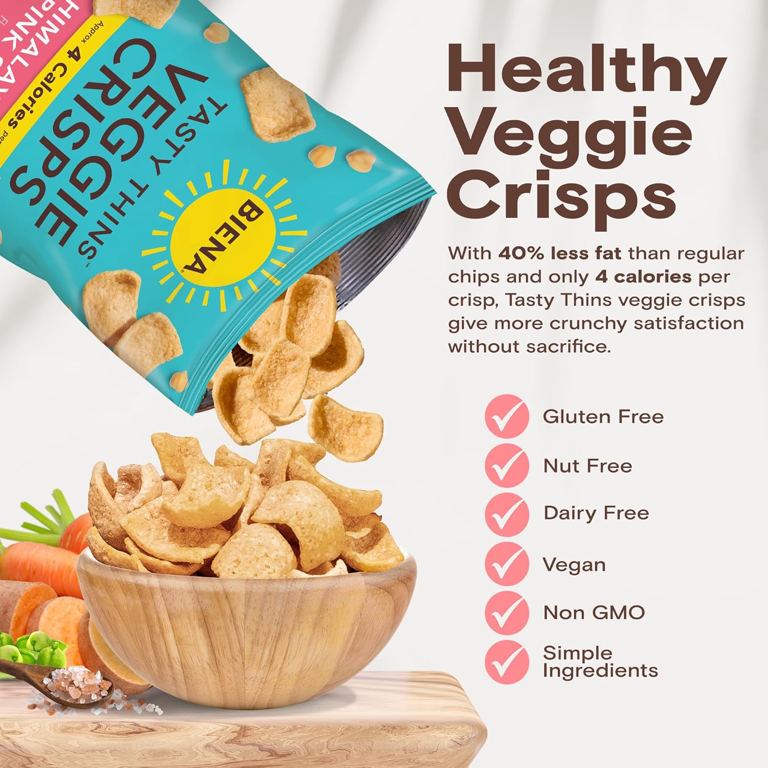 BIENA Tasty Thins Veggie Crisps - Low Calorie Veggie Chips for Adults and Kids - 4-Pack, 4 Ounce Bags - Himalayan Pink Salt5