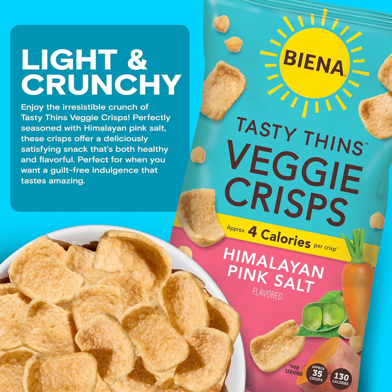 BIENA Tasty Thins Veggie Crisps - Low Calorie Veggie Chips for Adults and Kids - 4-Pack, 4 Ounce Bags - Himalayan Pink Salt6