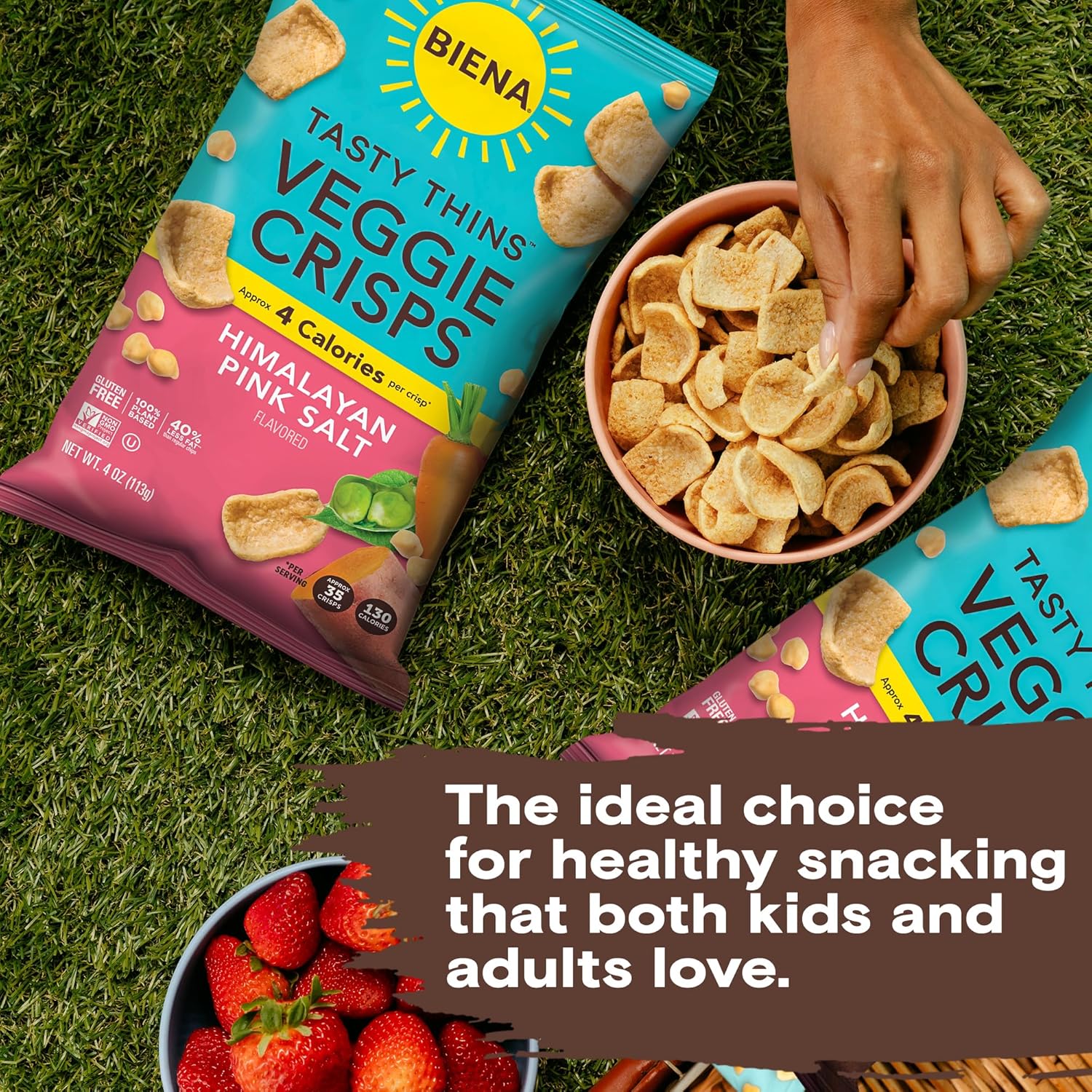 BIENA Tasty Thins Veggie Crisps - Low Calorie Veggie Chips for Adults and Kids - 4-Pack, 4 Ounce Bags - Himalayan Pink Salt8