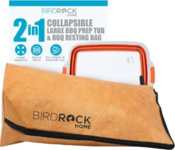 BIRDROCK HOME Collapsible Large BBQ Prep Tub & BBQ Resting Bag - Multi-Function Grill Caddy w/Colander & Lid, Portable Silicone Dish Bowl for Picnic, Tailgate, Camping - Orange & Brown