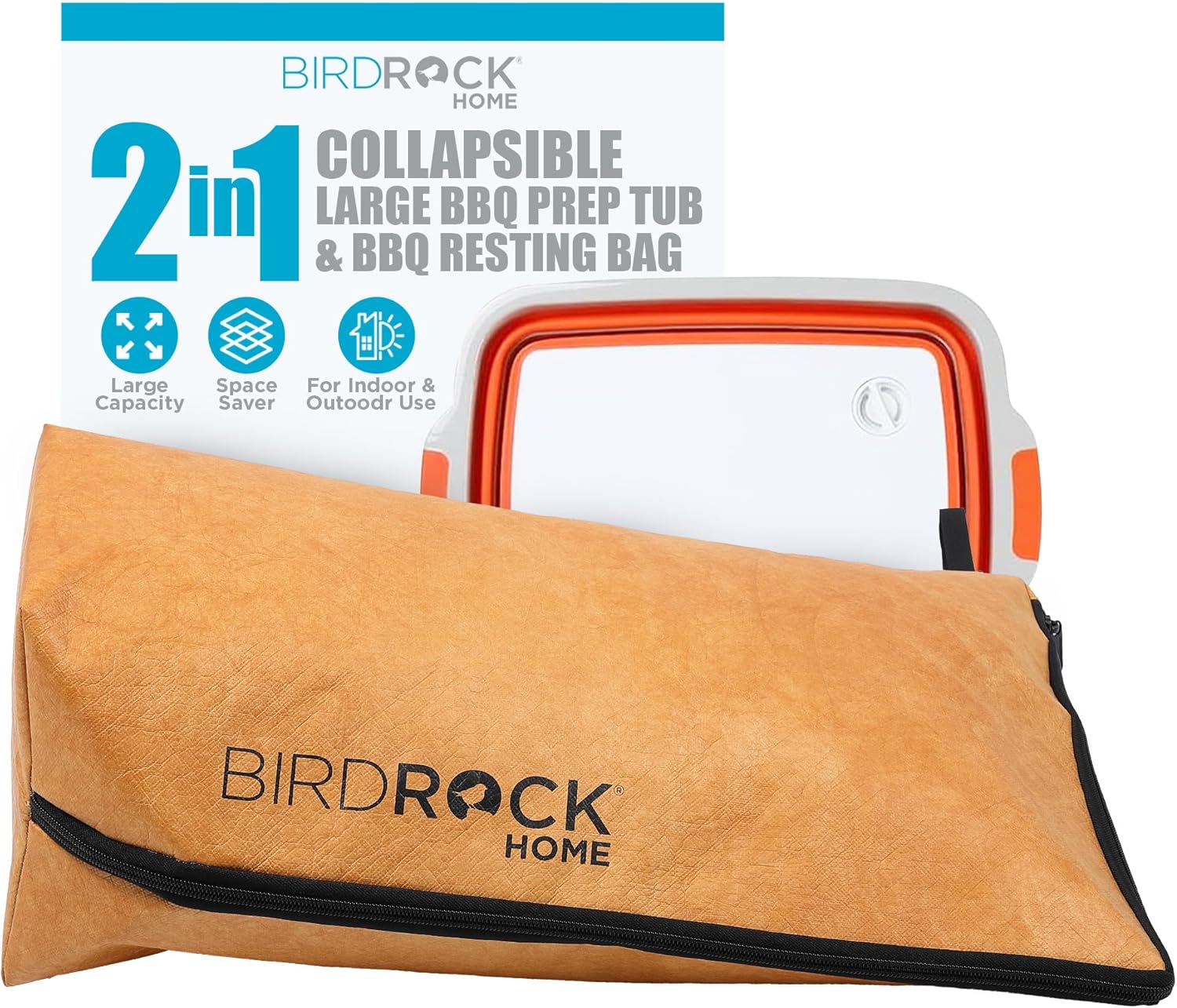 BIRDROCK HOME Collapsible Large BBQ Prep Tub & BBQ Resting Bag - Multi-Function Grill Caddy w Colander & Lid, Portable Silicone Dish Bowl for Picnic, Tailgate, Camping - Orange & Brown BIRDROCK HOME Collapsible Large BBQ Prep Tub & BBQ Resting Bag - Multi-Function Grill Caddy w/Colander & Lid, Portable Silicone Dish Bowl for Picnic, Tailgate, Camping - Orange & Brown