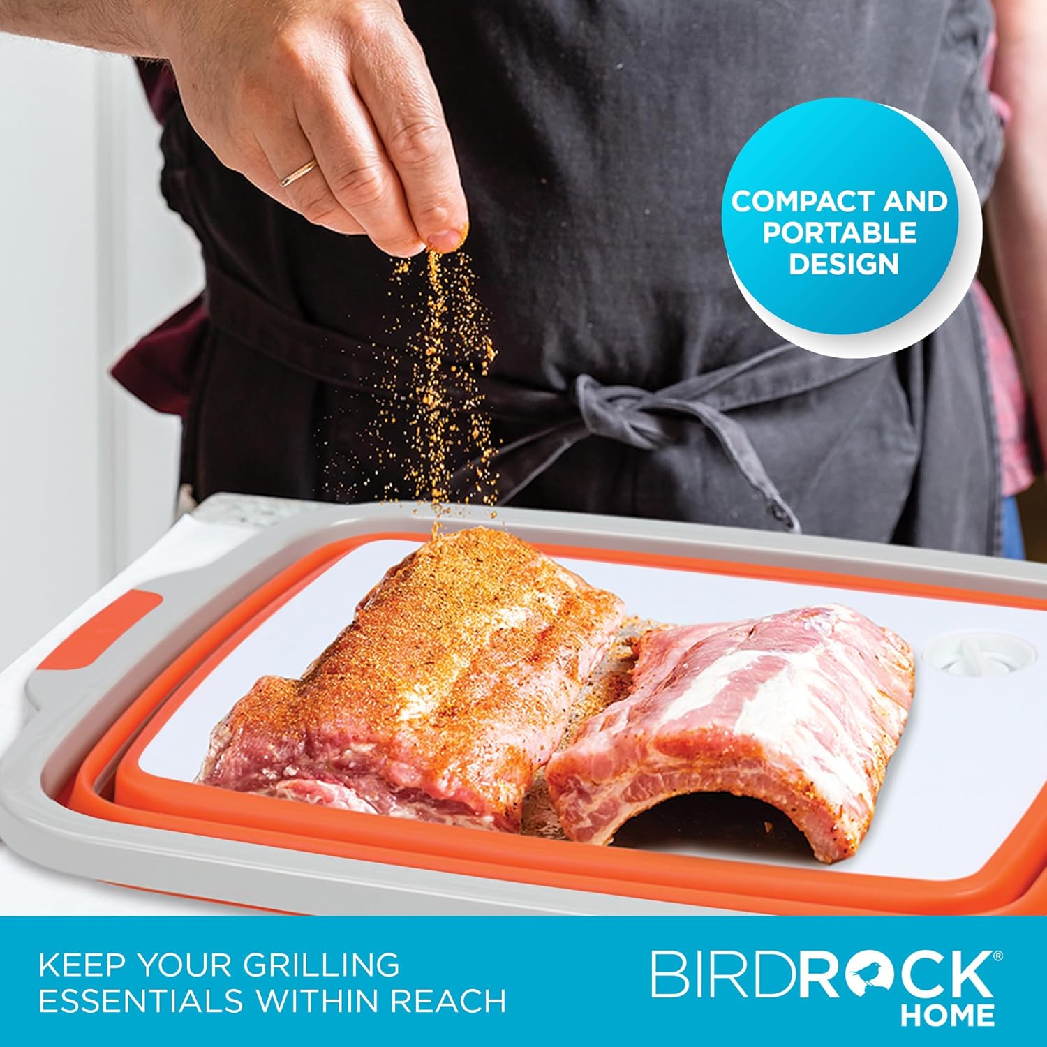BIRDROCK HOME Collapsible Large BBQ Prep Tub & BBQ Resting Bag - Multi-Function Grill Caddy w Colander & Lid, Portable Silicone Dish Bowl for Picnic, Tailgate, Camping - Orange & Brown1