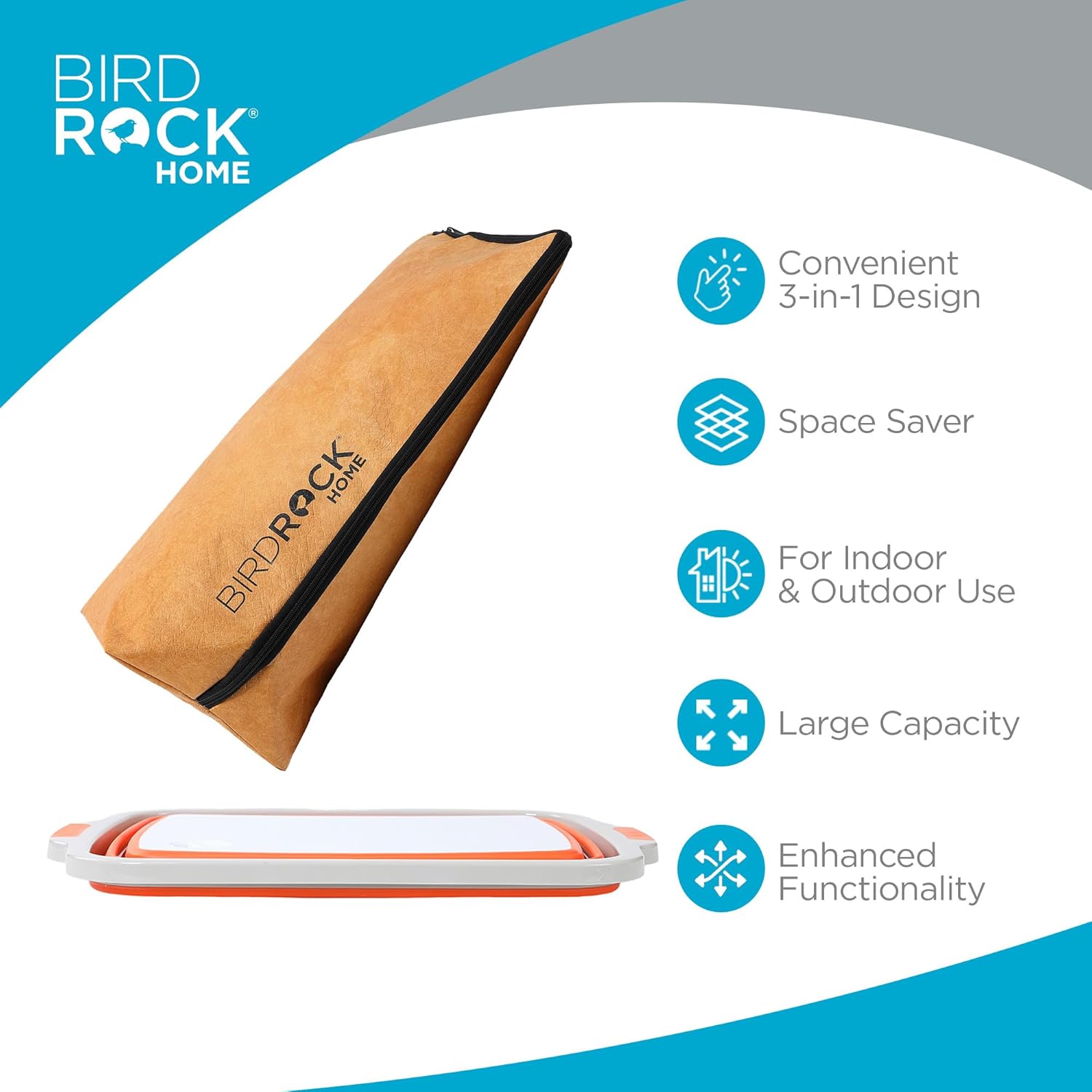 BIRDROCK HOME Collapsible Large BBQ Prep Tub & BBQ Resting Bag - Multi-Function Grill Caddy w Colander & Lid, Portable Silicone Dish Bowl for Picnic, Tailgate, Camping - Orange & Brown3