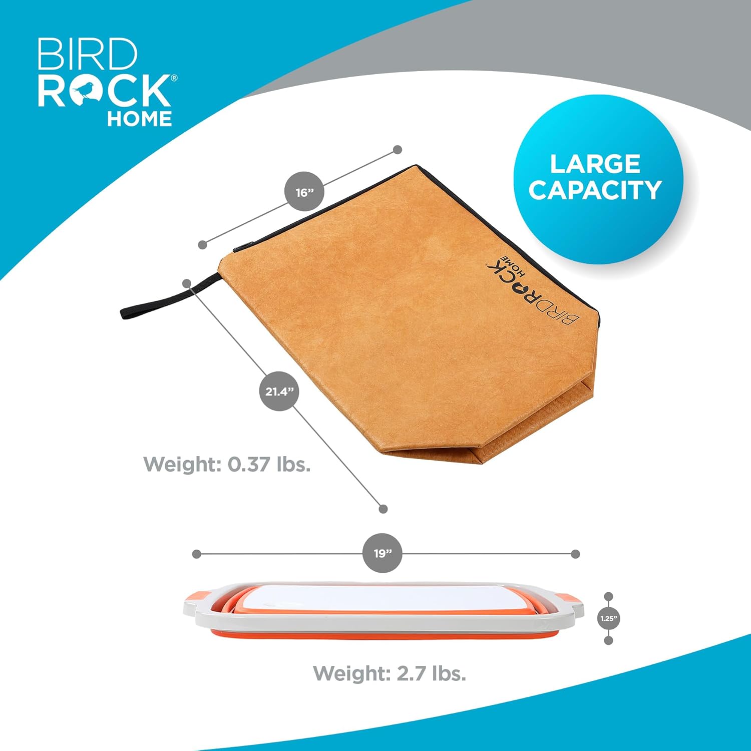BIRDROCK HOME Collapsible Large BBQ Prep Tub & BBQ Resting Bag - Multi-Function Grill Caddy w Colander & Lid, Portable Silicone Dish Bowl for Picnic, Tailgate, Camping - Orange & Brown6