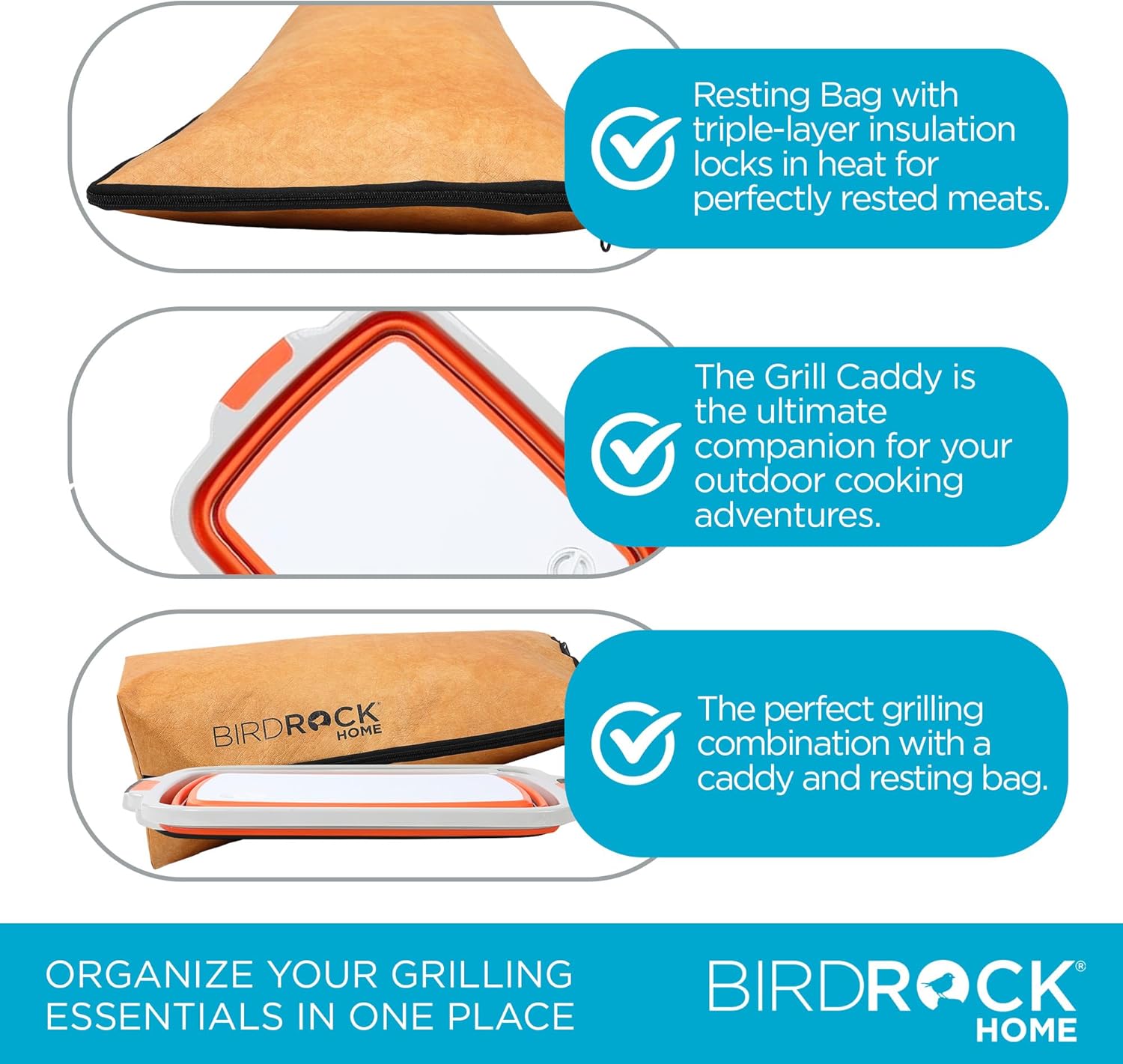 BIRDROCK HOME Collapsible Large BBQ Prep Tub & BBQ Resting Bag - Multi-Function Grill Caddy w Colander & Lid, Portable Silicone Dish Bowl for Picnic, Tailgate, Camping - Orange & Brown8