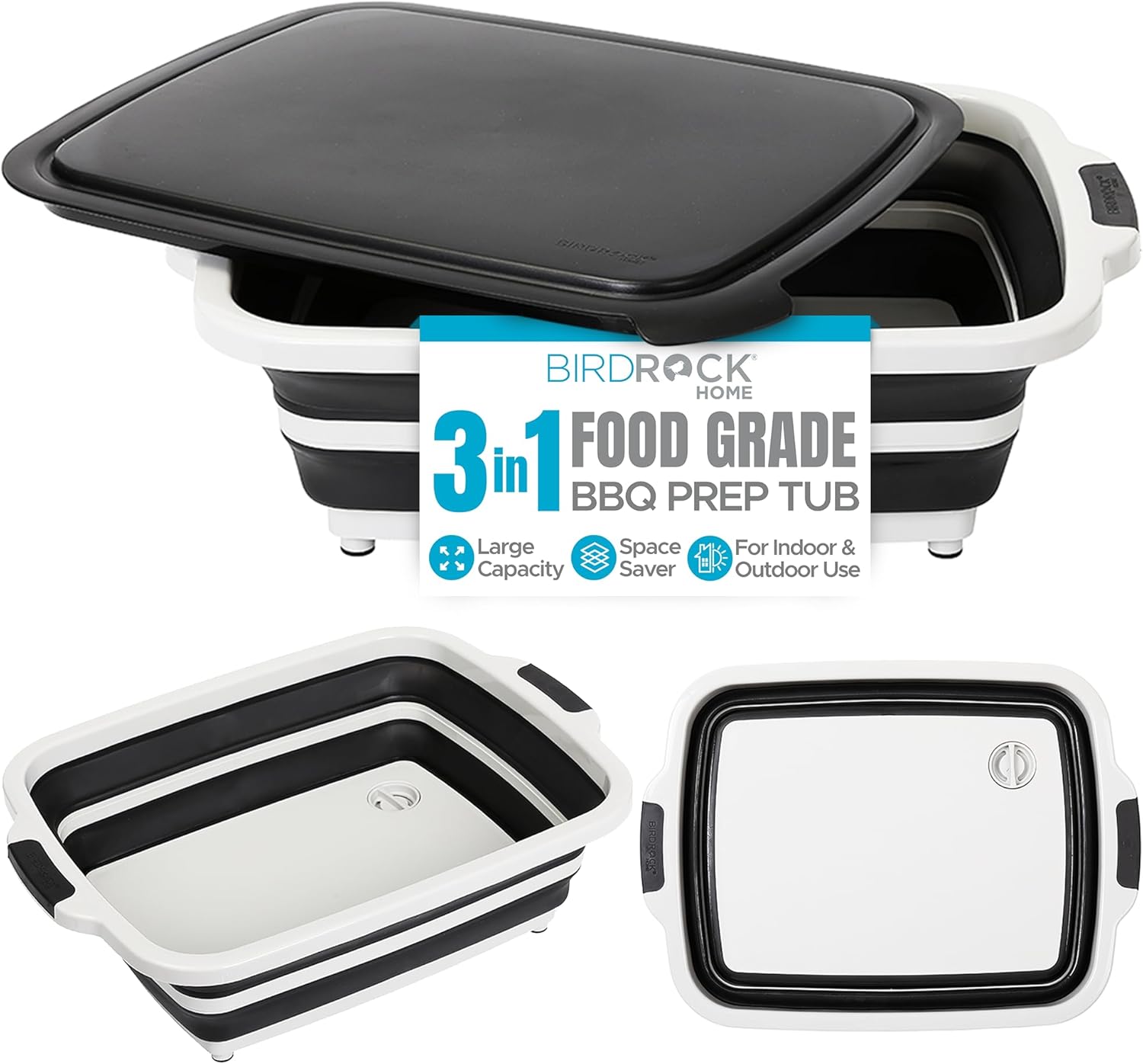 BIRDROCK HOME Collapsible Large BBQ Prep Tub w Cutting Board, Multi-Function Grill Caddy w Colander & Lid, Portable Silicone Dish Bowl for Picnic, Tailgate, Camping - Black BIRDROCK HOME Collapsible Large BBQ Prep Tub w/Cutting Board, Multi-Function Grill Caddy w/Colander & Lid, Portable Silicone Dish Bowl for Picnic, Tailgate, Camping - Black