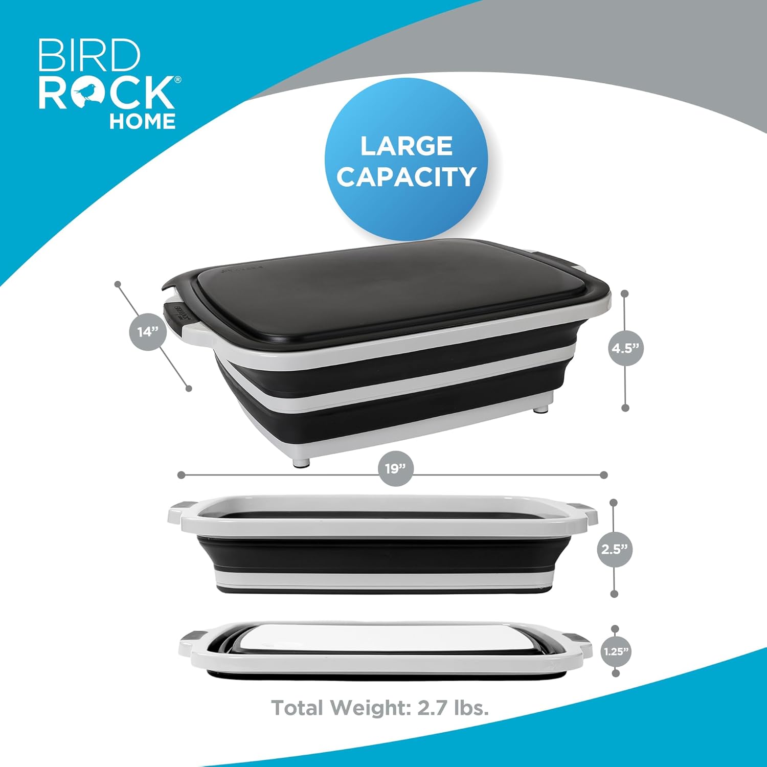 BIRDROCK HOME Collapsible Large BBQ Prep Tub w Cutting Board, Multi-Function Grill Caddy w Colander & Lid, Portable Silicone Dish Bowl for Picnic, Tailgate, Camping - Black4