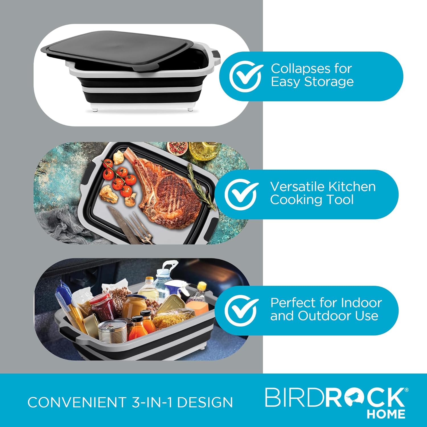 BIRDROCK HOME Collapsible Large BBQ Prep Tub w Cutting Board, Multi-Function Grill Caddy w Colander & Lid, Portable Silicone Dish Bowl for Picnic, Tailgate, Camping - Black7