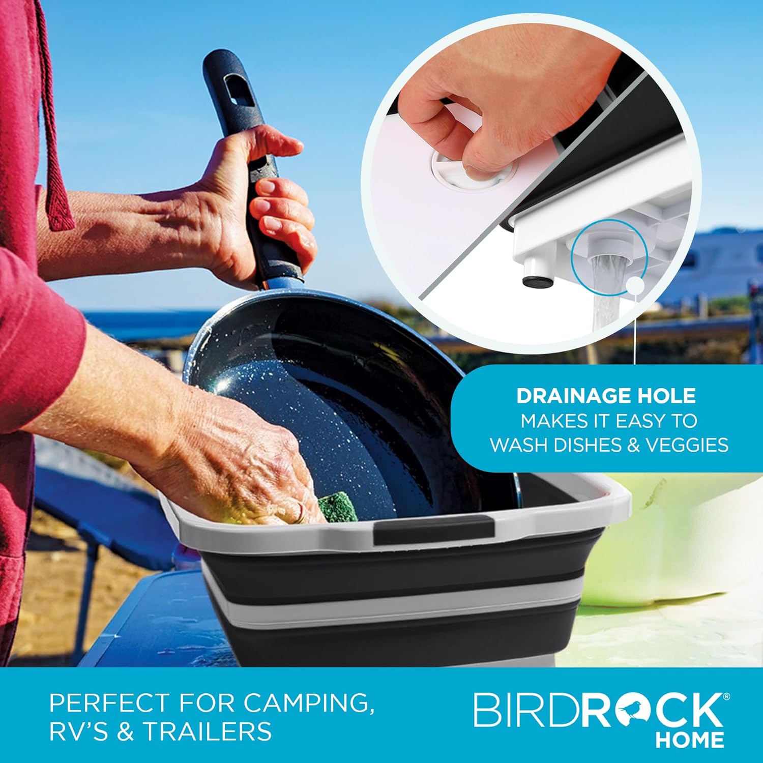 BIRDROCK HOME Collapsible Large BBQ Prep Tub w Cutting Board, Multi-Function Grill Caddy w Colander & Lid, Portable Silicone Dish Bowl for Picnic, Tailgate, Camping - Black8
