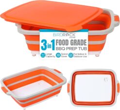 BIRDROCK HOME Collapsible Large BBQ Prep Tub w/Cutting Board, Multi-Function Grill Caddy w/Colander & Lid, Portable Silicone Dish Bowl for Picnic, Tailgate, Camping - Orange