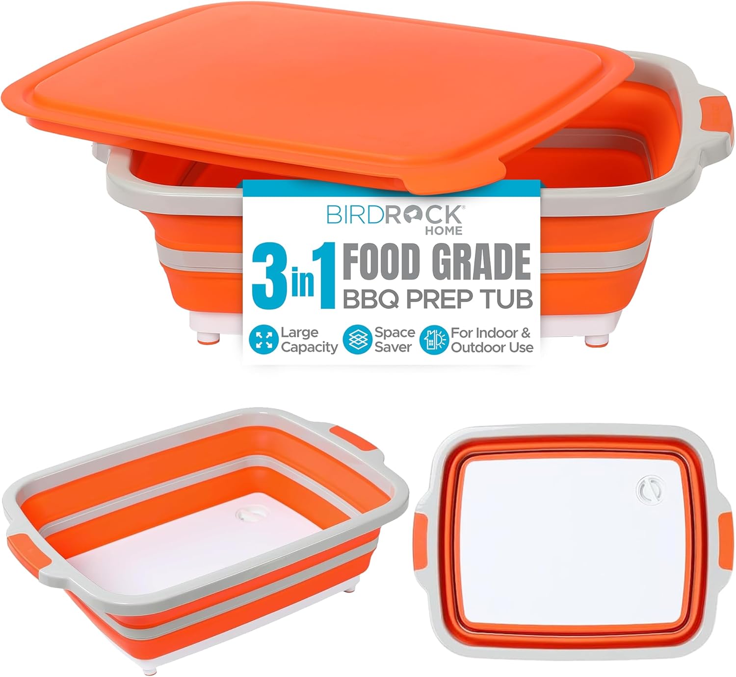 BIRDROCK HOME Collapsible Large BBQ Prep Tub w Cutting Board, Multi-Function Grill Caddy w Colander & Lid, Portable Silicone Dish Bowl for Picnic, Tailgate, Camping - Orange BIRDROCK HOME Collapsible Large BBQ Prep Tub w/Cutting Board, Multi-Function Grill Caddy w/Colander & Lid, Portable Silicone Dish Bowl for Picnic, Tailgate, Camping - Orange