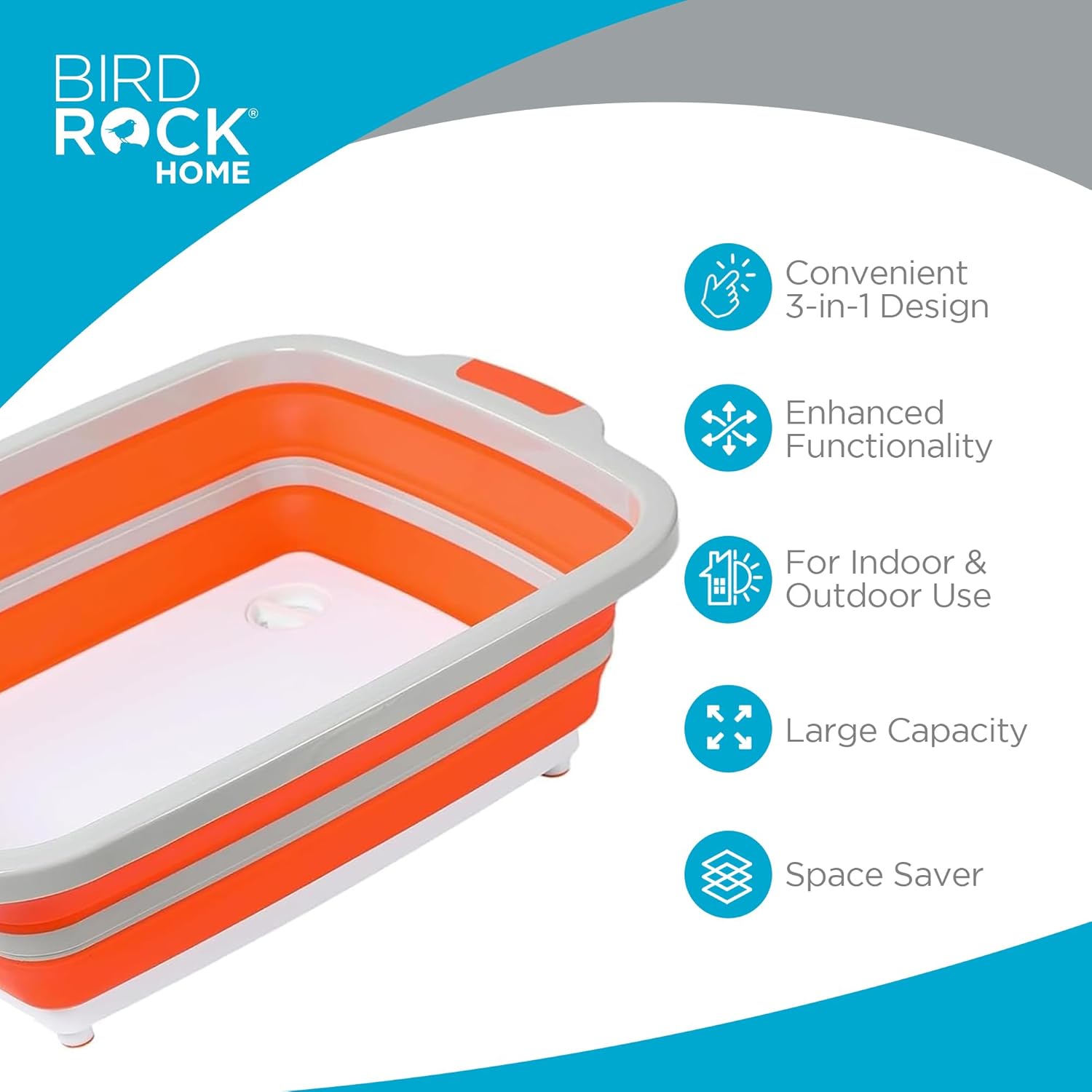 BIRDROCK HOME Collapsible Large BBQ Prep Tub w Cutting Board, Multi-Function Grill Caddy w Colander & Lid, Portable Silicone Dish Bowl for Picnic, Tailgate, Camping - Orange1