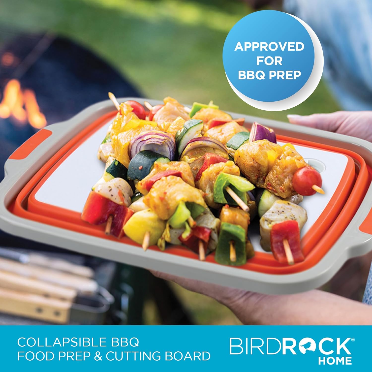 BIRDROCK HOME Collapsible Large BBQ Prep Tub w Cutting Board, Multi-Function Grill Caddy w Colander & Lid, Portable Silicone Dish Bowl for Picnic, Tailgate, Camping - Orange2