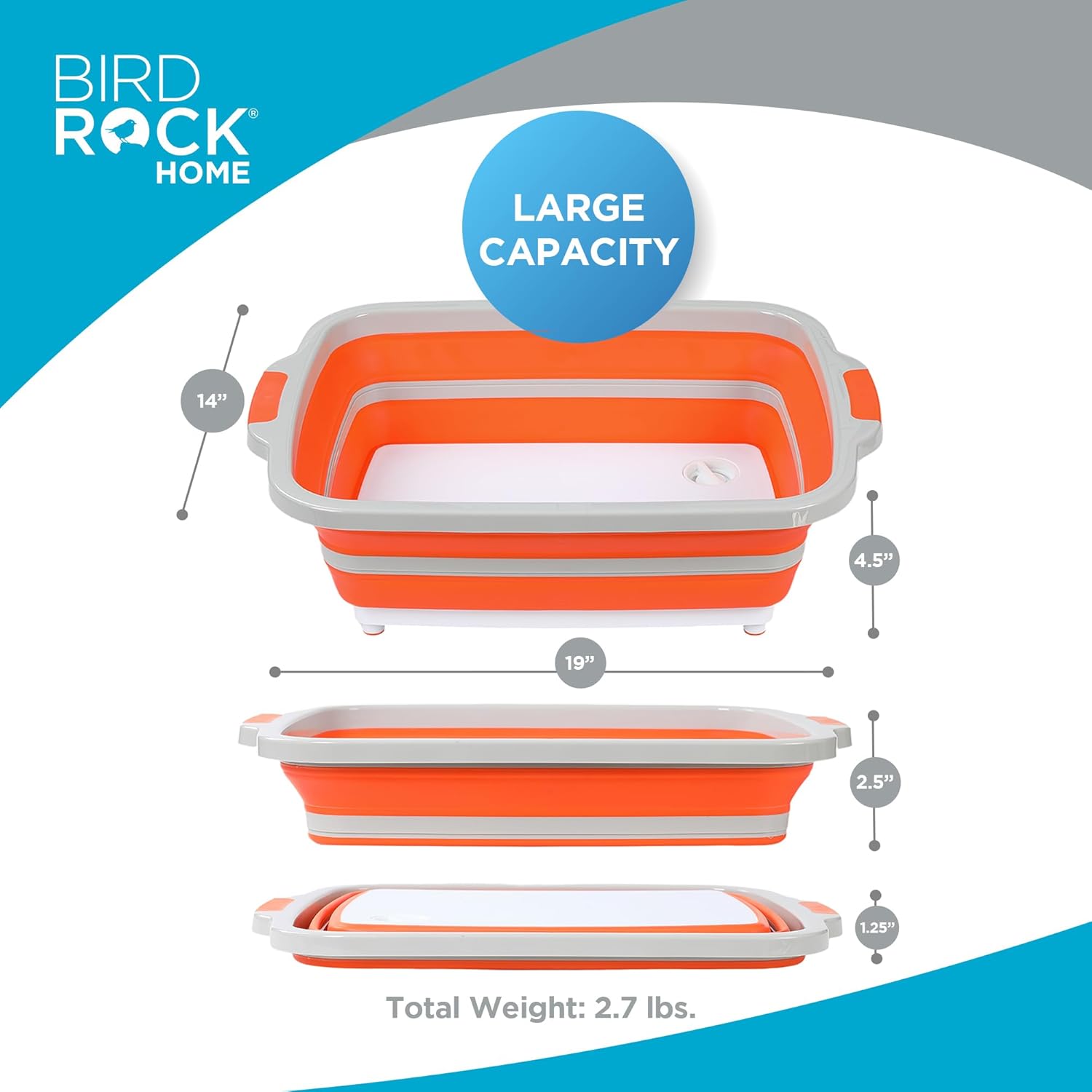 BIRDROCK HOME Collapsible Large BBQ Prep Tub w Cutting Board, Multi-Function Grill Caddy w Colander & Lid, Portable Silicone Dish Bowl for Picnic, Tailgate, Camping - Orange3