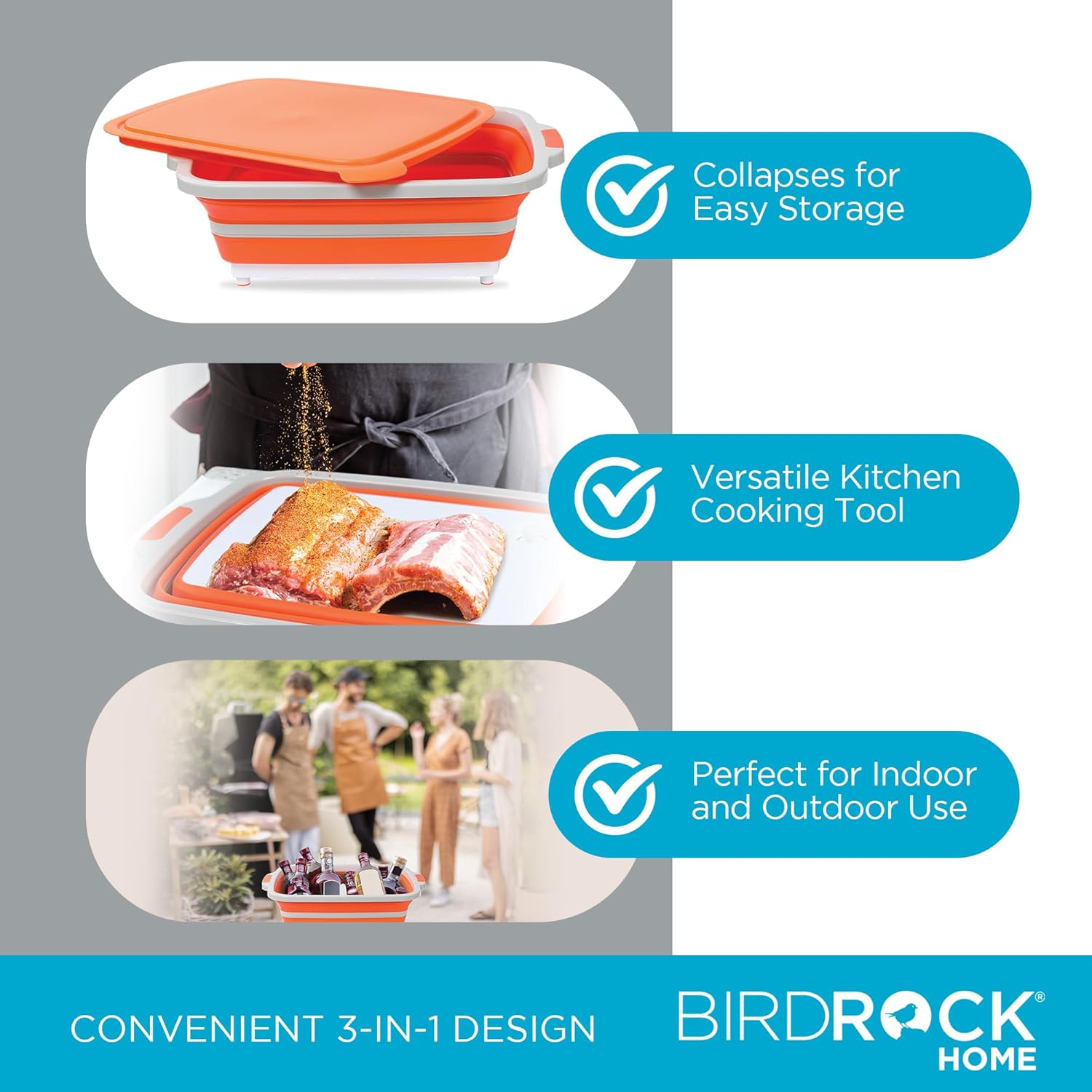 BIRDROCK HOME Collapsible Large BBQ Prep Tub w Cutting Board, Multi-Function Grill Caddy w Colander & Lid, Portable Silicone Dish Bowl for Picnic, Tailgate, Camping - Orange6